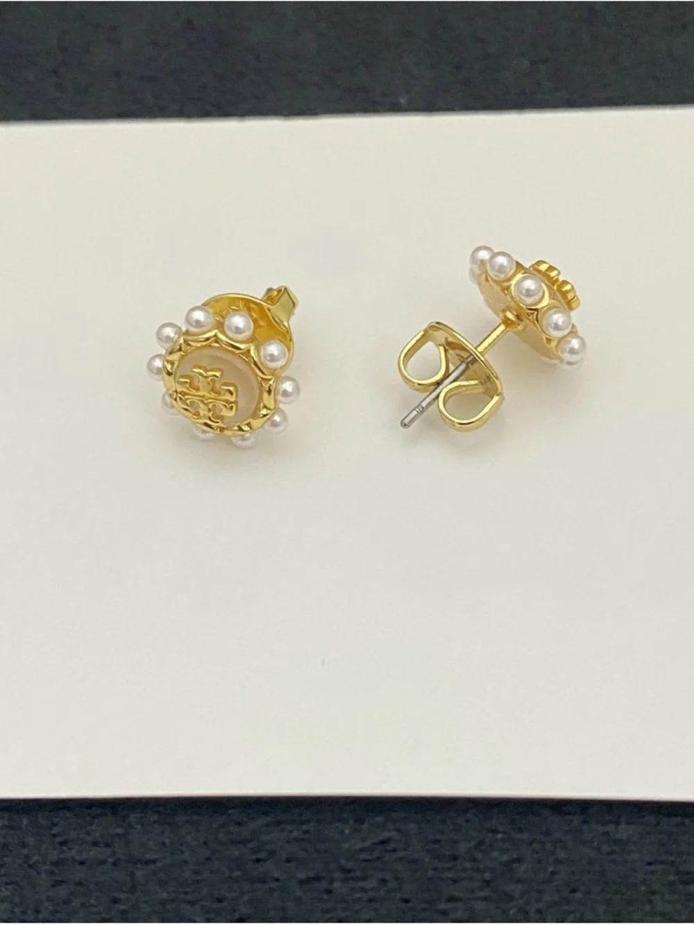 Tory Burch Gold Logo Pearl-Trim Stud Earrings